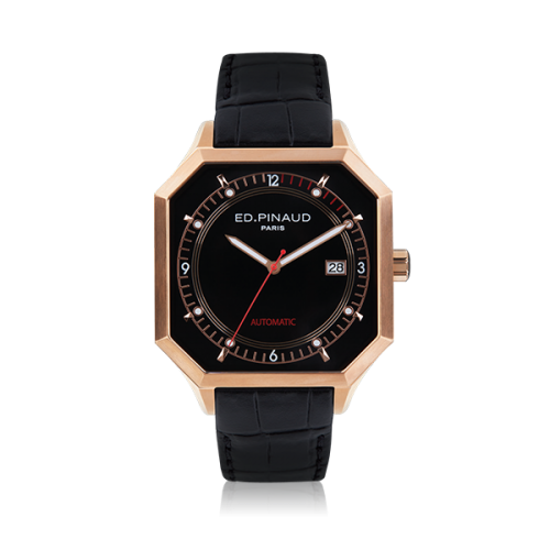 Automatic Watch - Pink Gold PVD Case, Black Dial, Black Leather Strap